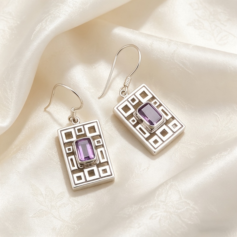 Women's Geometric Purple Cubic Zirconia Pendant Earrings with Retro Box Design